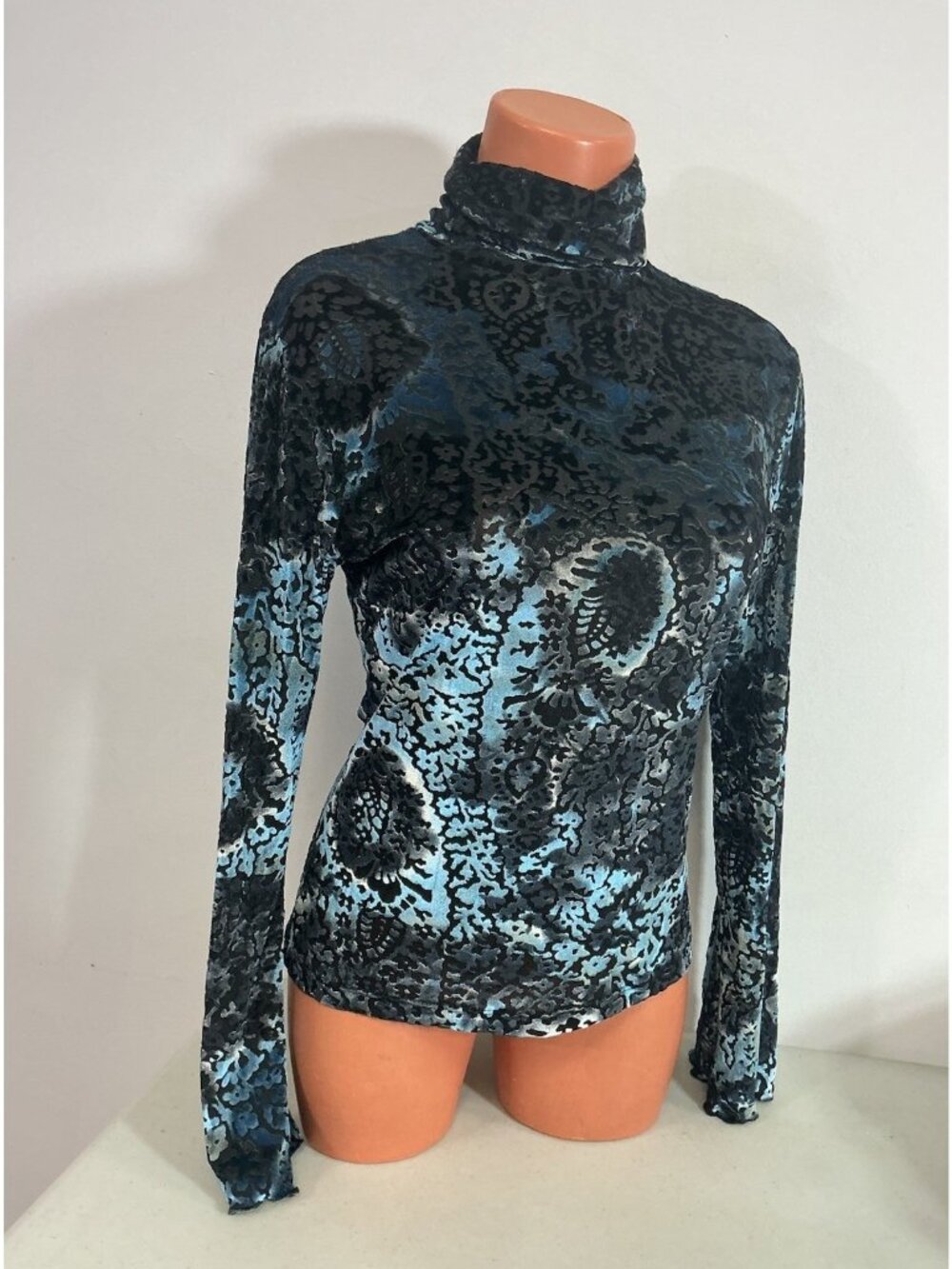 Velvet Burnout Turtleneck Top Floral Print Long Sleeve USA Womens Small